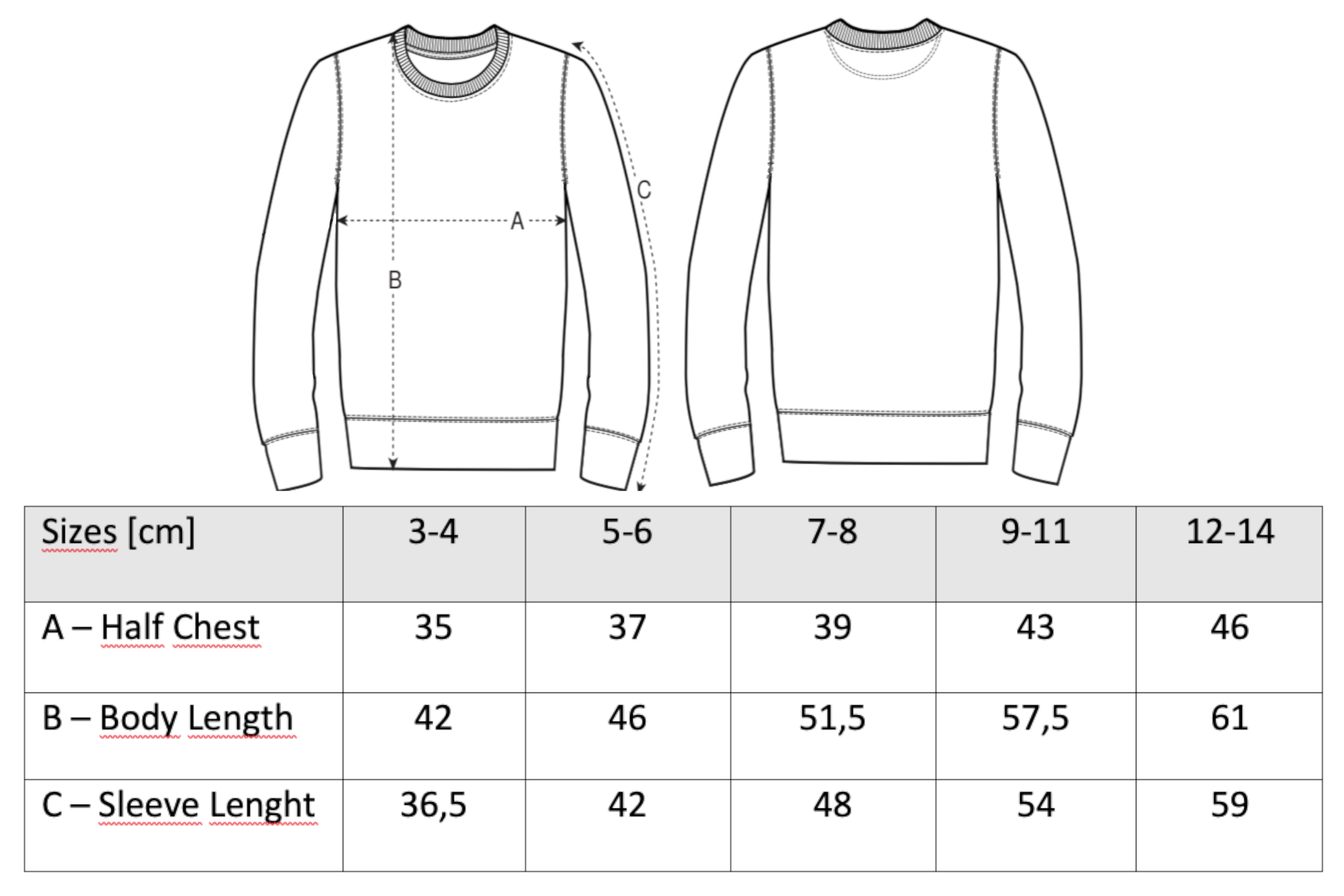 Children sweatshirt size chart
