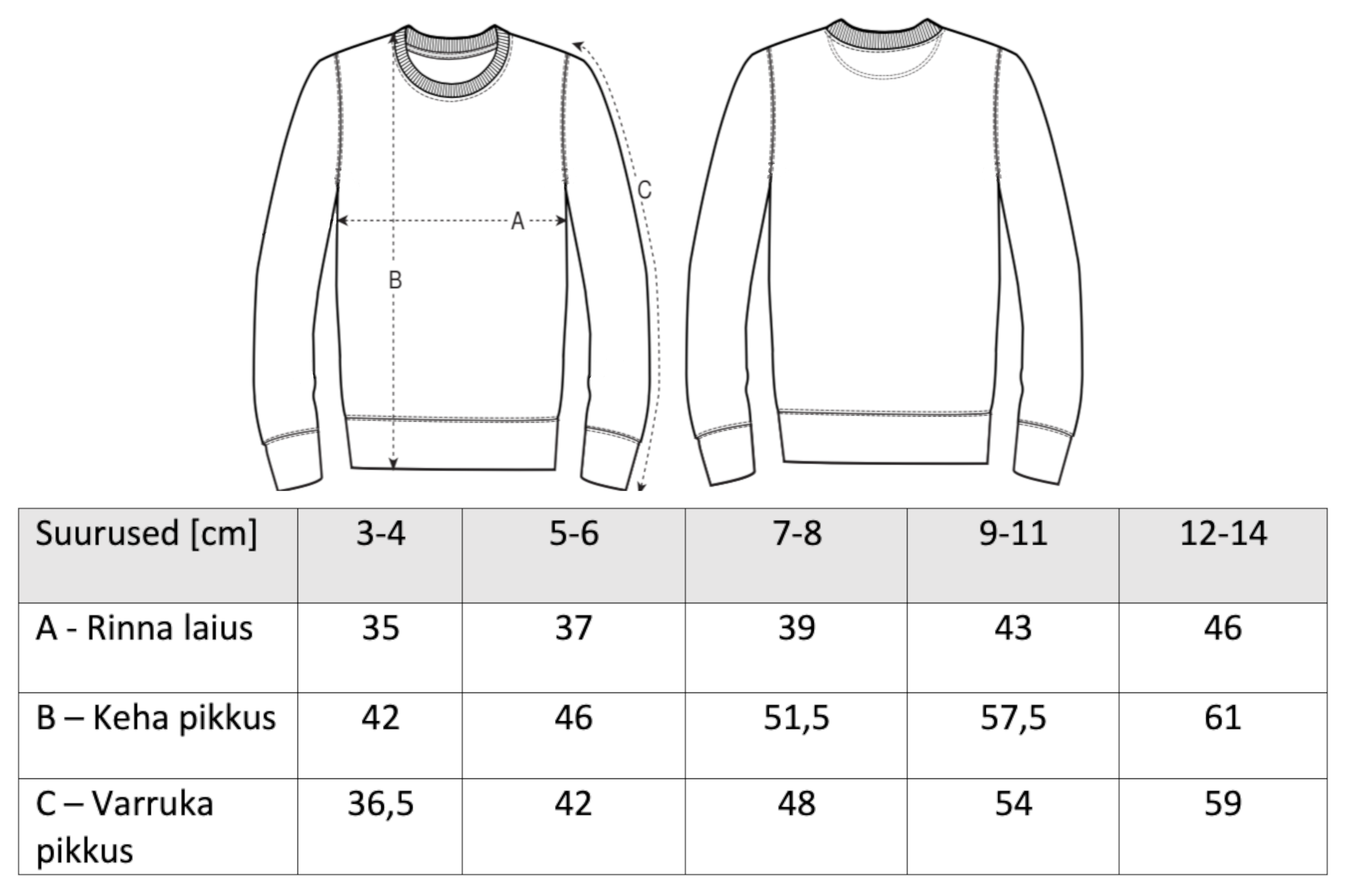 Table of children's sweatshirt sizes